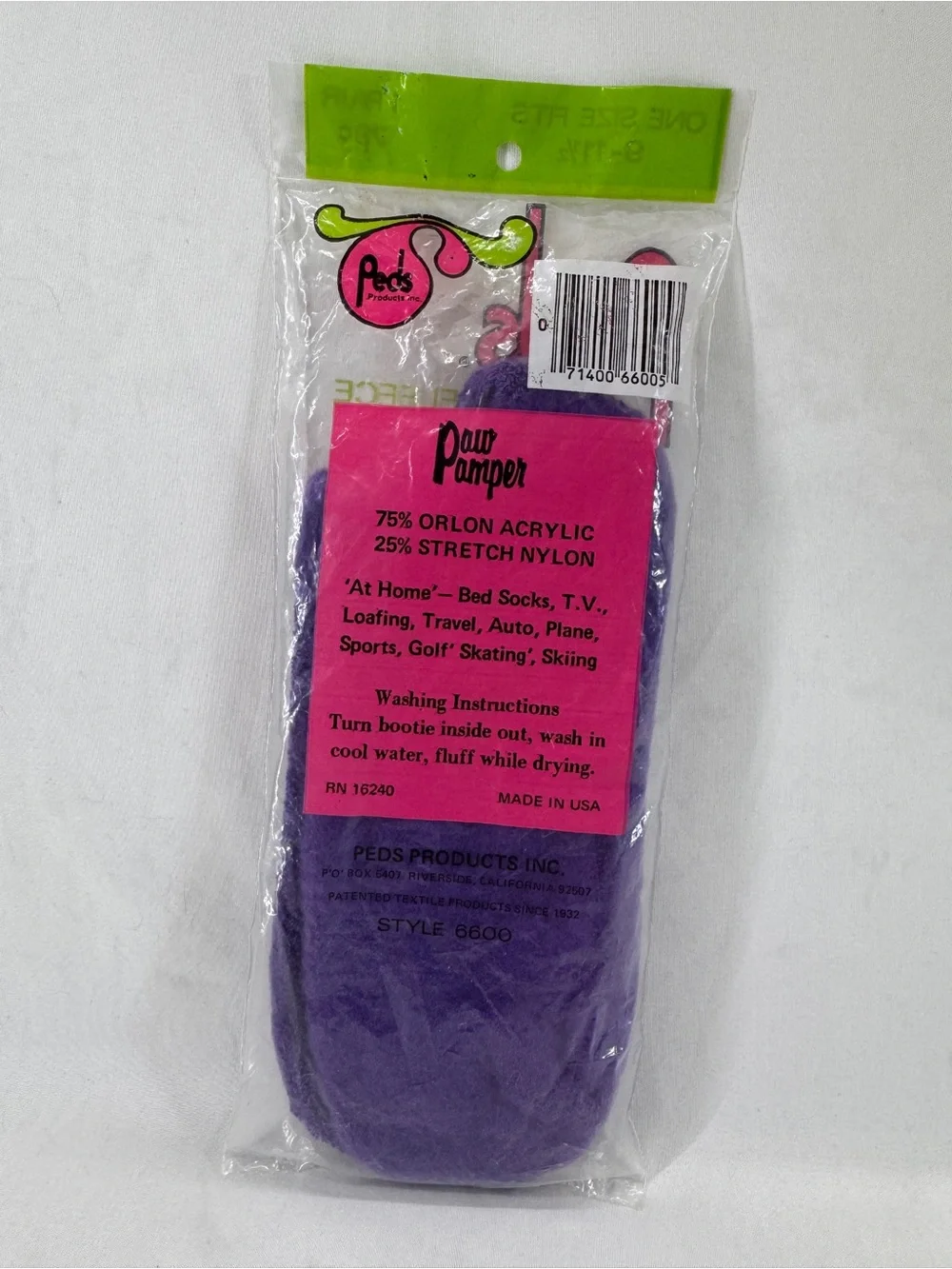 Vintage 1980's Peds Paw Pamper Fluffy Fleece Bootie Sock NOS Purple Size 9-11.5